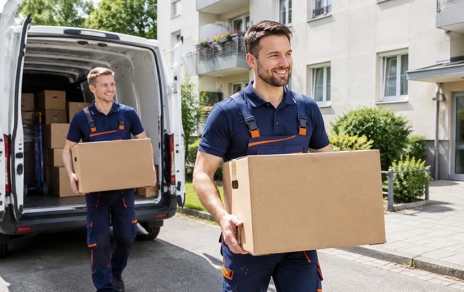 Zwei Umzugshelfer tragen Kartons aus dem Transporter